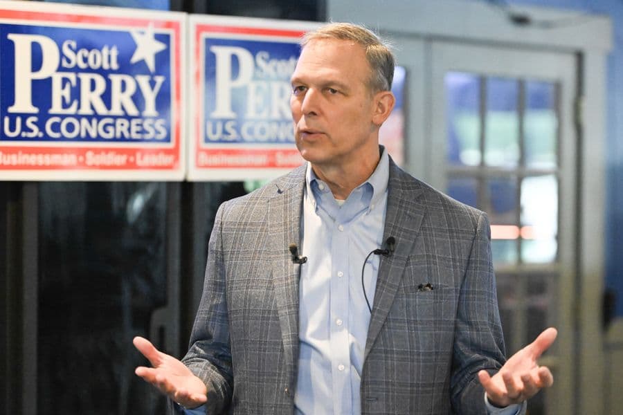 U.S. Rep. Scott Perry, R-Pa., speaks at a campaign event at Arooga's sports bar, Wednesday, Sept. 30, 2026, in Harrisburg, Pa. (AP Photo/Marc Levy)